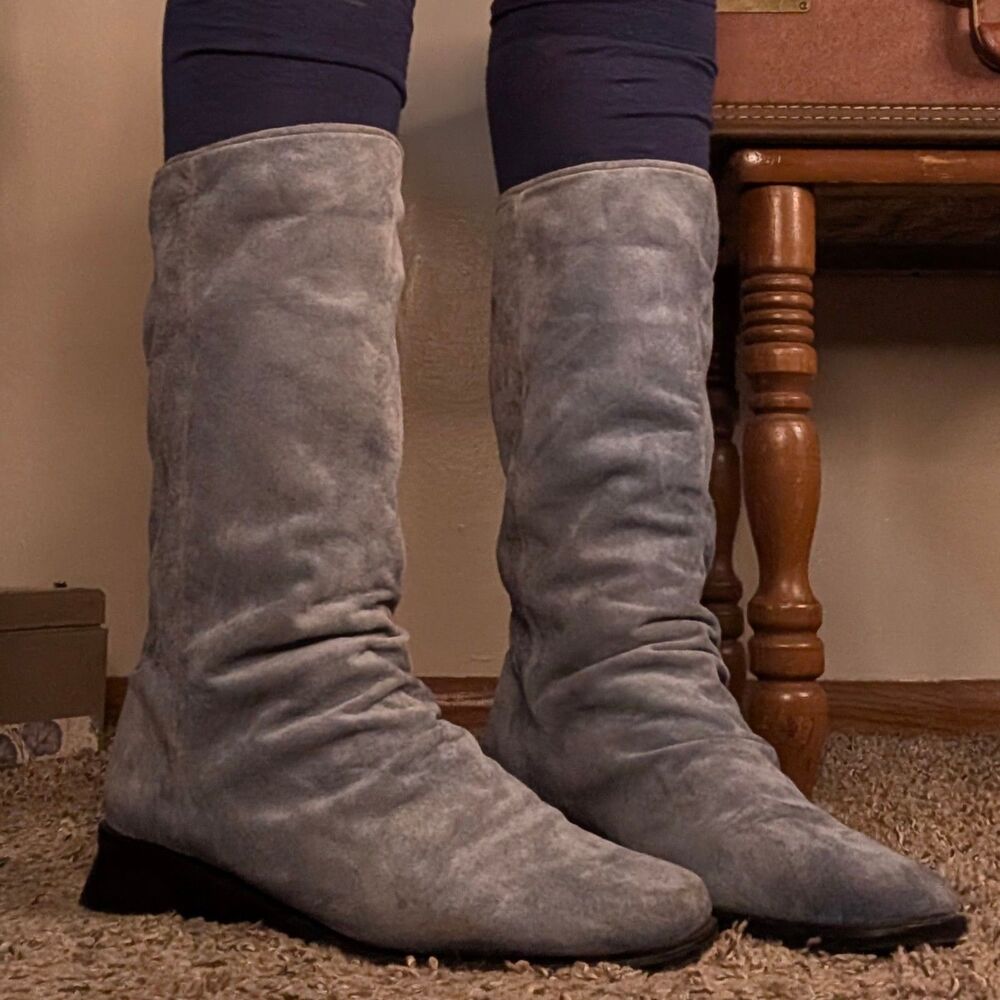 Leather Suede Slouch Boots Women's Size 9 Light Blue Mid Calf